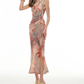 Pure desire style off-shoulder printed dress 2025 slim fit hip-wrapped slit holiday dress R1420