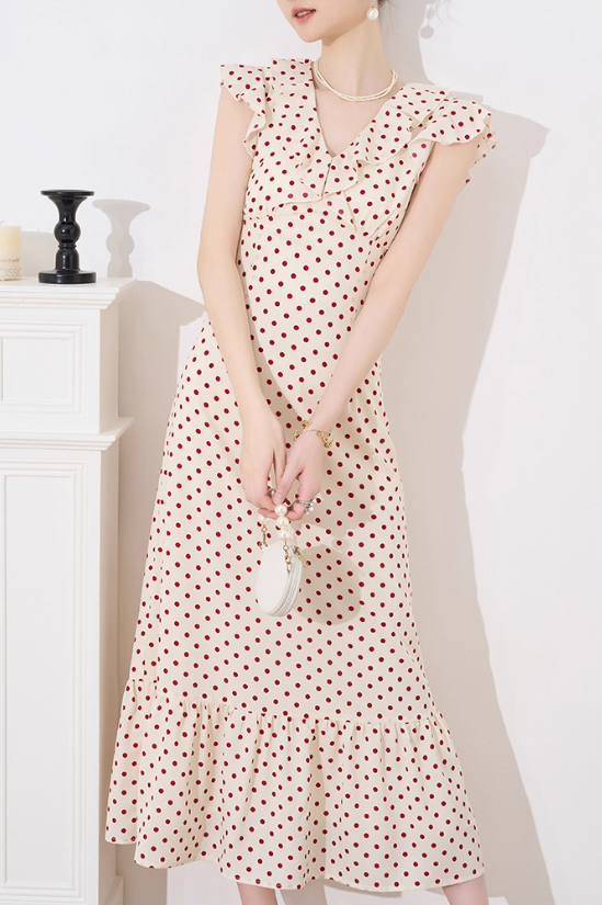 French dress women's new summer design niche temperament high-end red polka dot slim skirt R4378