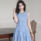 Blue heavy diamond crocheted hollow sleeveless Chanel style short dress R4077