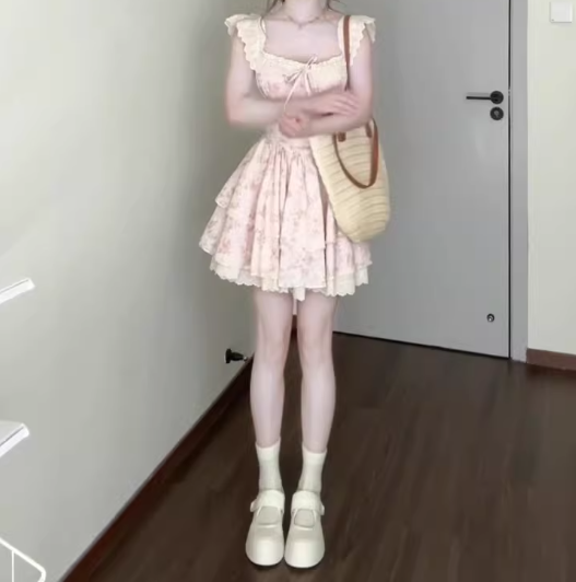 Gentle style pink floral dress beautiful waist A-line tutu skirt R0736