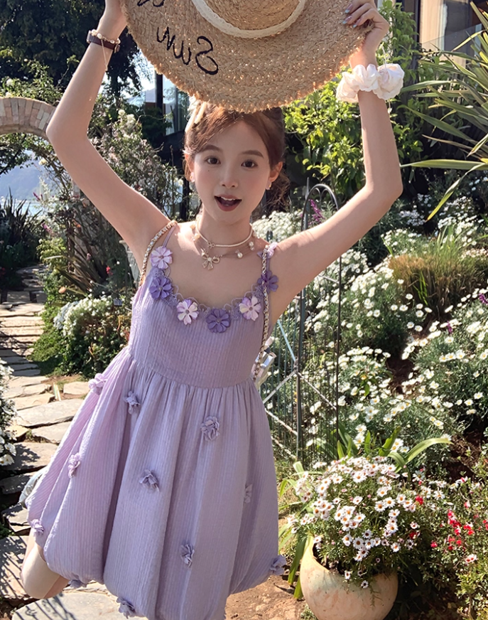 Purple mid-length waist suspender dress French style slim skirt R4989