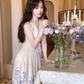 V-neck small flying sleeves printed hollow waist dress women's summer French temperament skirt R4618