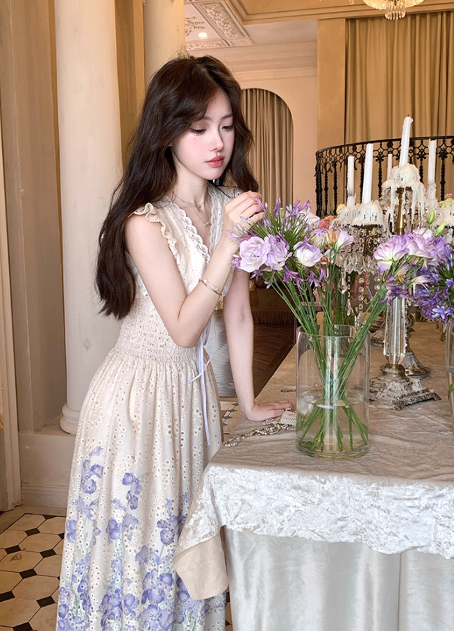 V-neck small flying sleeves printed hollow waist dress women's summer French temperament skirt R4618