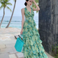 Green halo halter neck backless dress for seaside vacation R1597
