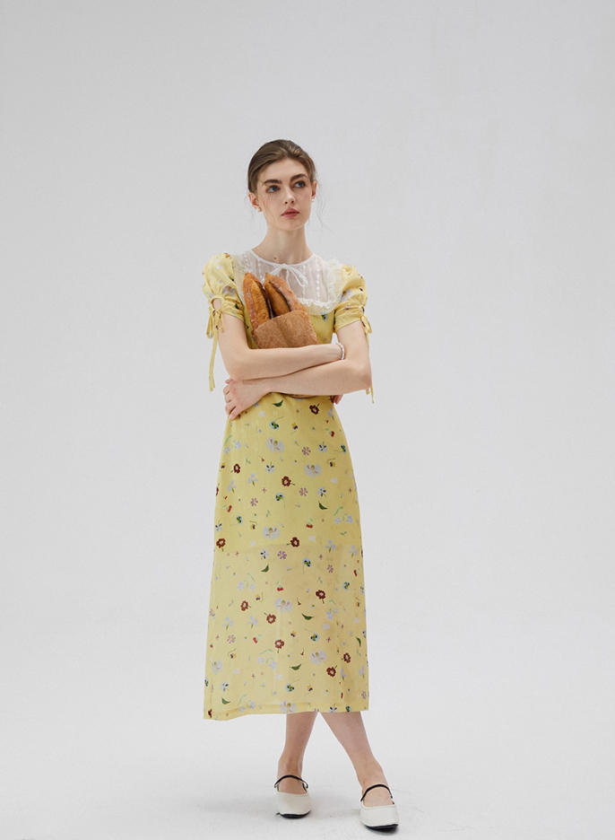 French yellow tea dress retro floral dress lace holiday dress for women R3558