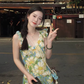 Dress French style sunflower floral U-neck sexy slim fit lotus leaf sleeve suspender dress R2924