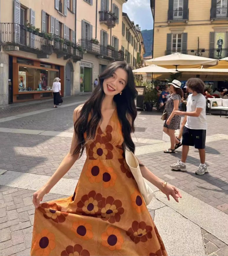 Island travel outfit holiday print dress bohemian beach dress R1562