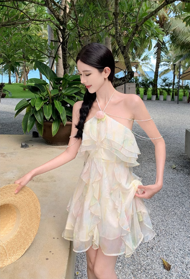 French style holiday sweet halter neck dress super fairy slim beach dress short style R1625