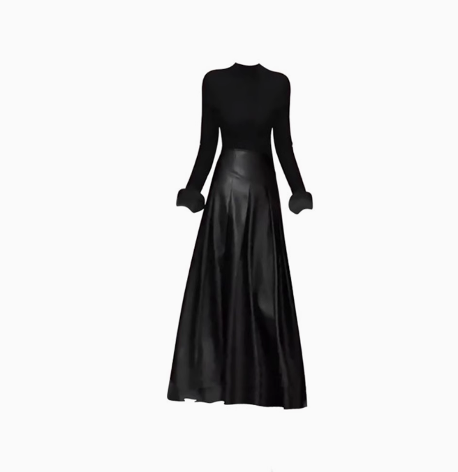 Royal sister style high collar bottoming top 2025 large size high-end A-line leather skirt suit R1404