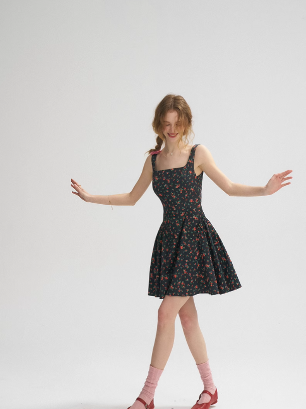 French Retro Floral Sling Dress Sleeveless Short Skirt R2802