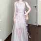 Purple mesh jacquard vest dress temperament waist A-line long skirt R0733