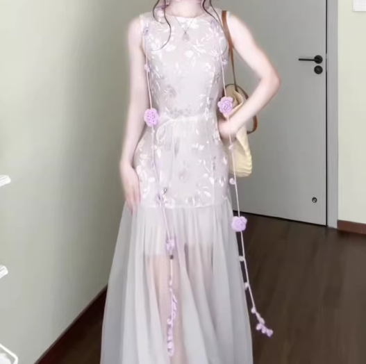 Purple mesh jacquard vest dress temperament waist A-line long skirt R0733