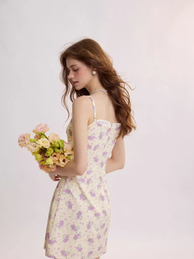 French floral suspender short dress R2711