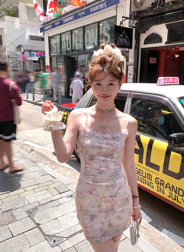 Gradient printing waist slimming suspender dress summer slim French skirt R4953