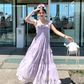 Purple square neck small flying sleeve suspender dress summer French style waist slim temperament skirt R4705