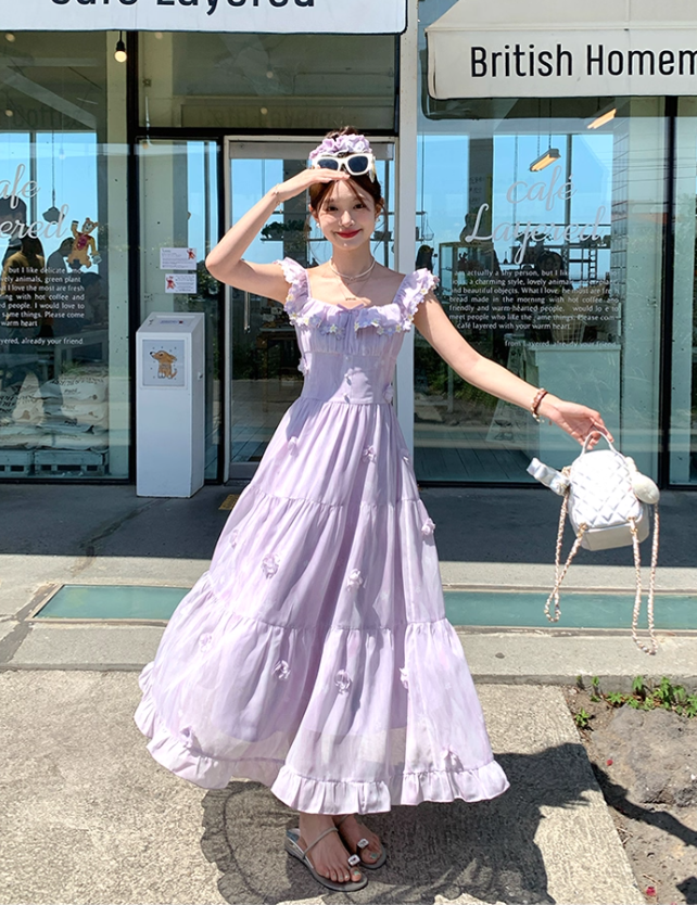 Purple square neck small flying sleeve suspender dress summer French style waist slim temperament skirt R4705