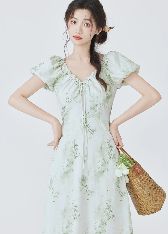 French floral dress new tea break beautiful dress waist long dress temperament R2363