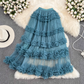 High waist slim mesh skirt elastic waist mid-length over the knee multi-layered wood ear edge cake skirt R0306