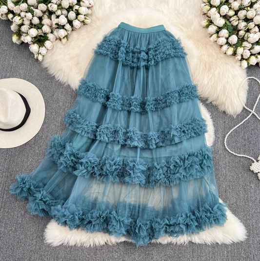 High waist slim mesh skirt elastic waist mid-length over the knee multi-layered wood ear edge cake skirt R0306