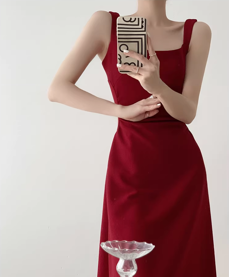 Retro red square neck suspender dress temperament waist banquet engagement A-line dress R1427