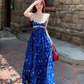 Lace stitching U-neck floral long dress French romantic holiday Klein blue suspender dress R1727