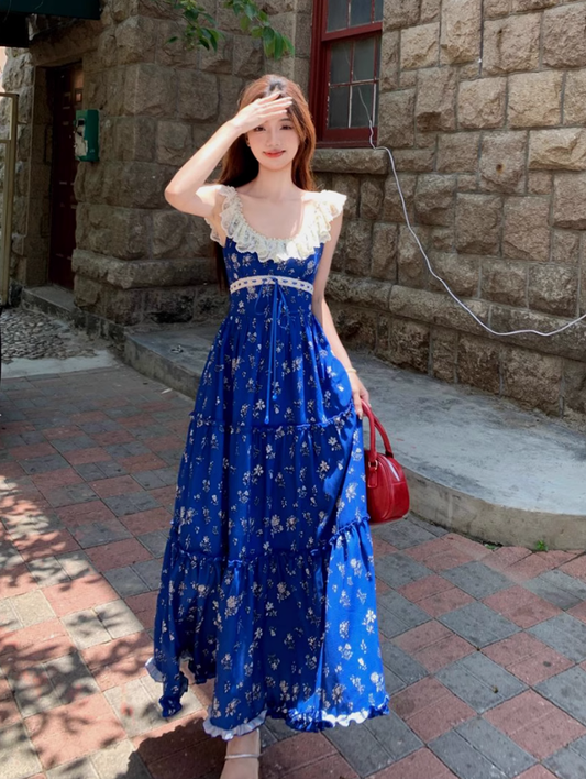 Lace stitching U-neck floral long dress French romantic holiday Klein blue suspender dress R1727