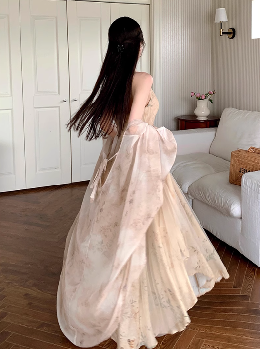 Fairy new Chinese style improved cheongsam halo dyed floral waist long skirt dress R1703