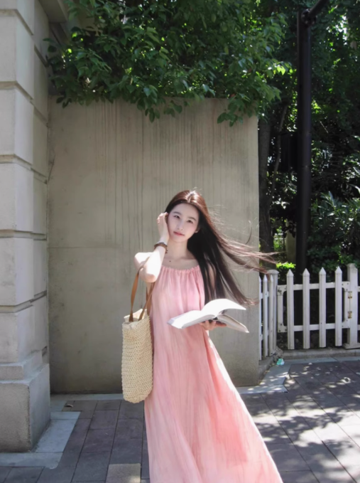 Sexy drawstring suspender dress gentle loose gradient pink niche design long skirt R1547