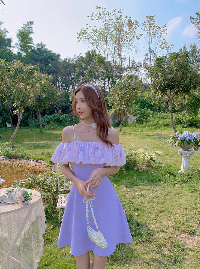 New summer skirt purple temperament one-shoulder French waist sweet suspender dress for women R4119