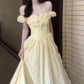 Gentle style yellow one-shoulder dress, beautiful waist temperament long dress R0815