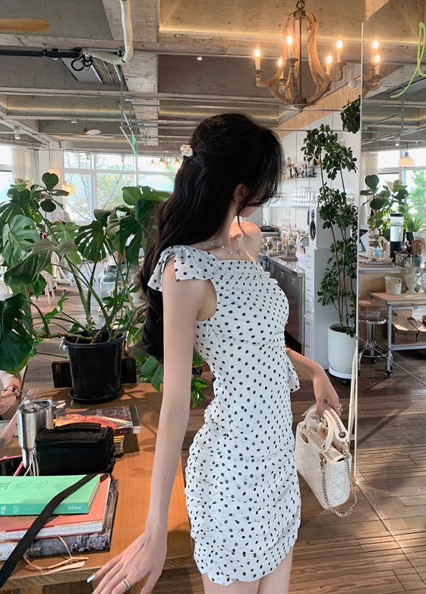 French polka dot irregular shoulder dress summer new temperament short skirt R4221