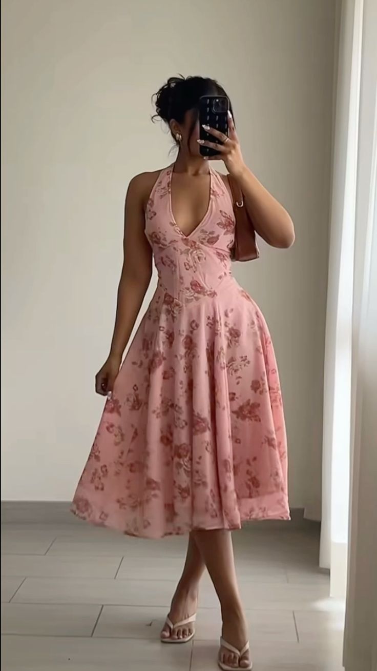 Pink floral halter neck slim waist slimming A-line slim elegant long skirt homecoming dress R3942
