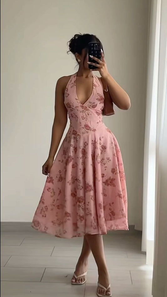 Pink floral halter neck slim waist slimming A-line slim elegant long skirt homecoming dress R3942