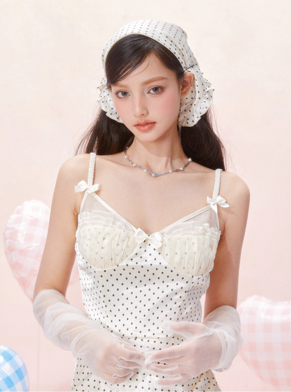 Ruffle hem hollow pleated waist retro polka dot suspender dress R5252