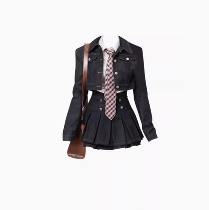 Sweet and spicy college style denim jacket shirt 2025 large size high waist pleated skirt suit R1132