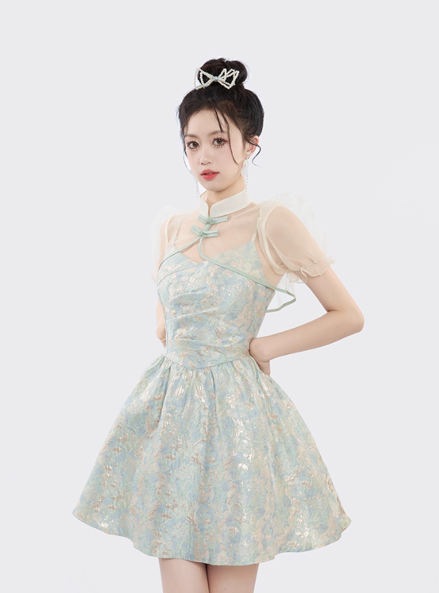 Chinese style improved cheongsam collar top suspender dress summer two-piece suit R4115