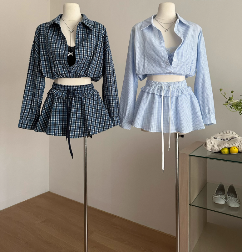 Plaid shirt jacket lace camisole top a-line skirt pants suit R2011