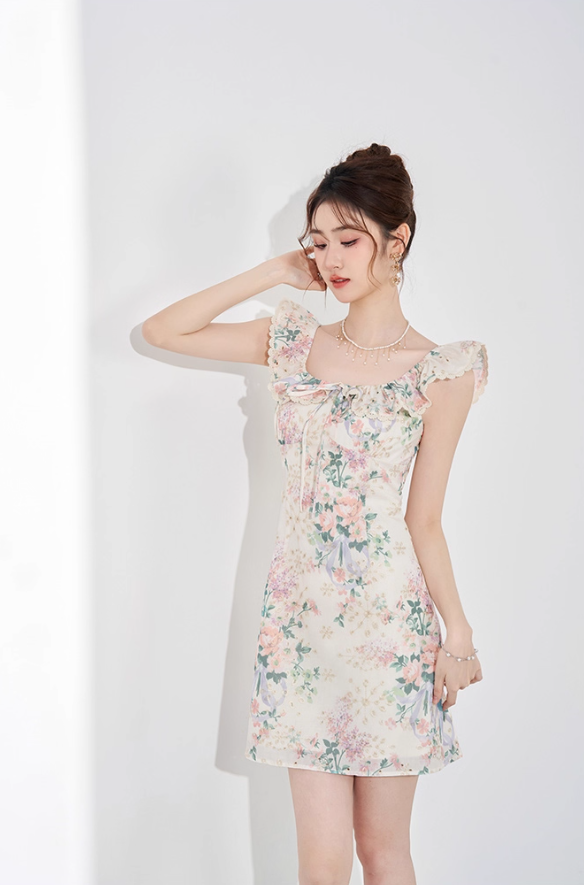 Niche design dress new summer French temperament waist slim sleeveless printed skirt R4297