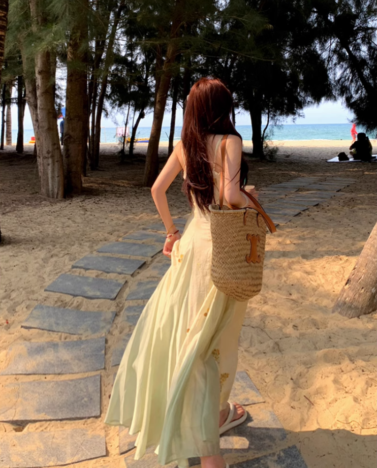 Printed suspender dress Chinese style women's clothing small size big swing v-neck long dress R1708