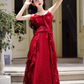 Fairy French retro red dress high-end dress ruffled sling beach dress R1714