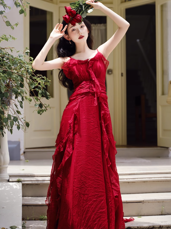Fairy French retro red dress high-end dress ruffled sling beach dress R1714
