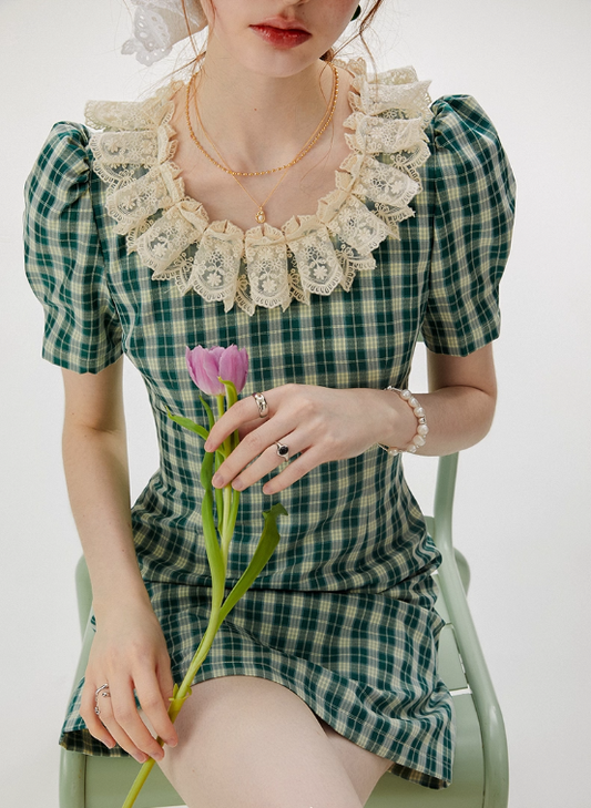 French skirt green plaid dress summer retro short skirt petite short skirt female summer R3457