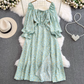 Gentle style long sleeves square neck waist slimming slit A-line print dress elegant long skirt R0355