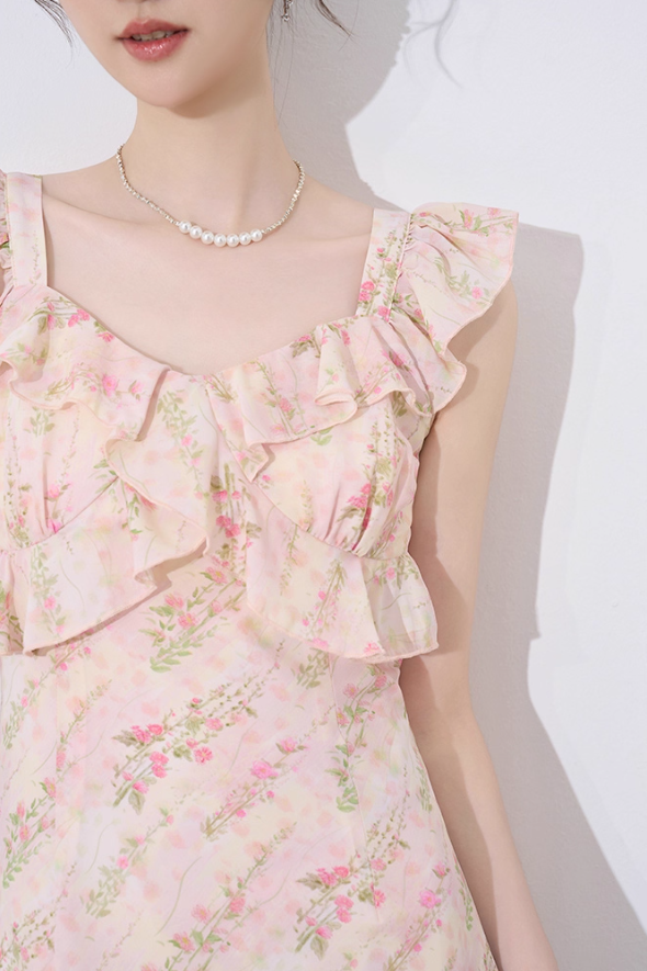 French dress new summer design niche temperament high-end pink floral waist skirt R4217