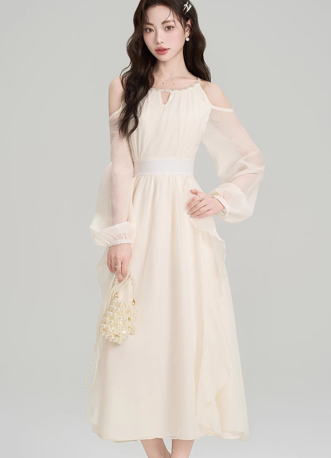 French style beautiful holiday long dress summer new ruffled halter neck off-shoulder dress R2364