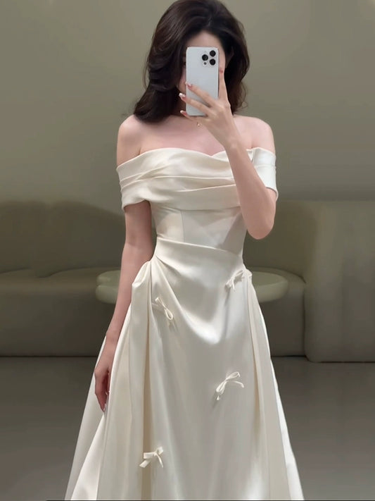 Off Shoulder Satin Wedding Dresses Long Bridal Gown      S7214