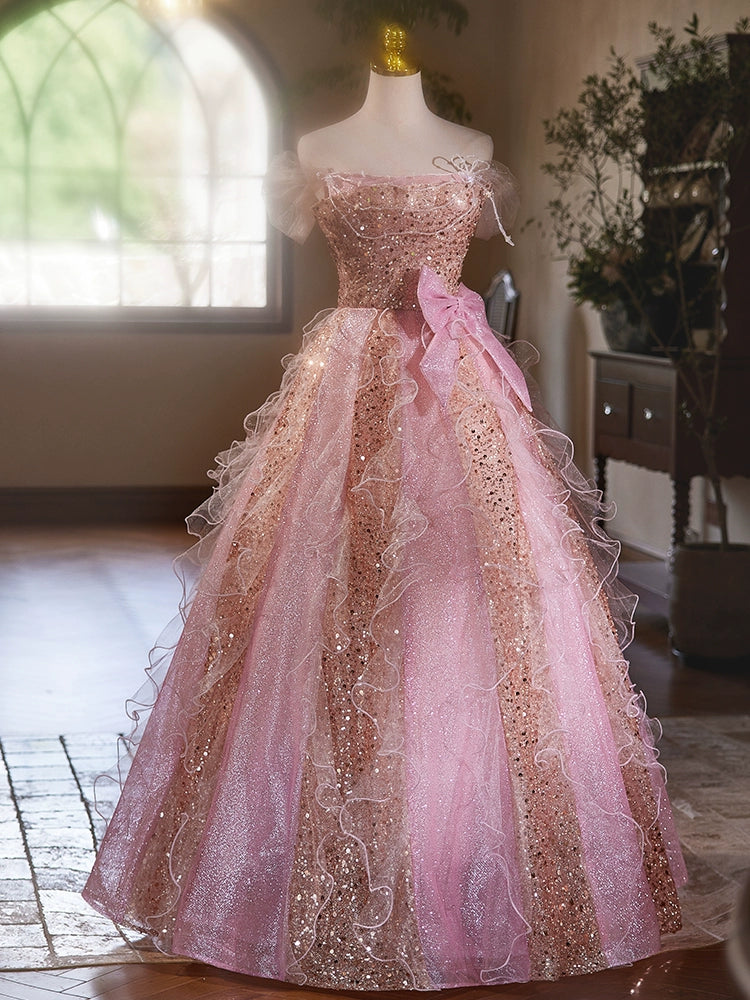A Line Pink Elegant Evening Gowns Off Shoulder Long Prom Dress     S7209