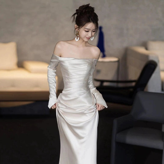 Long Sleeves Satin Mermaid Wedding Dresses Long Bridal Gown      S7211