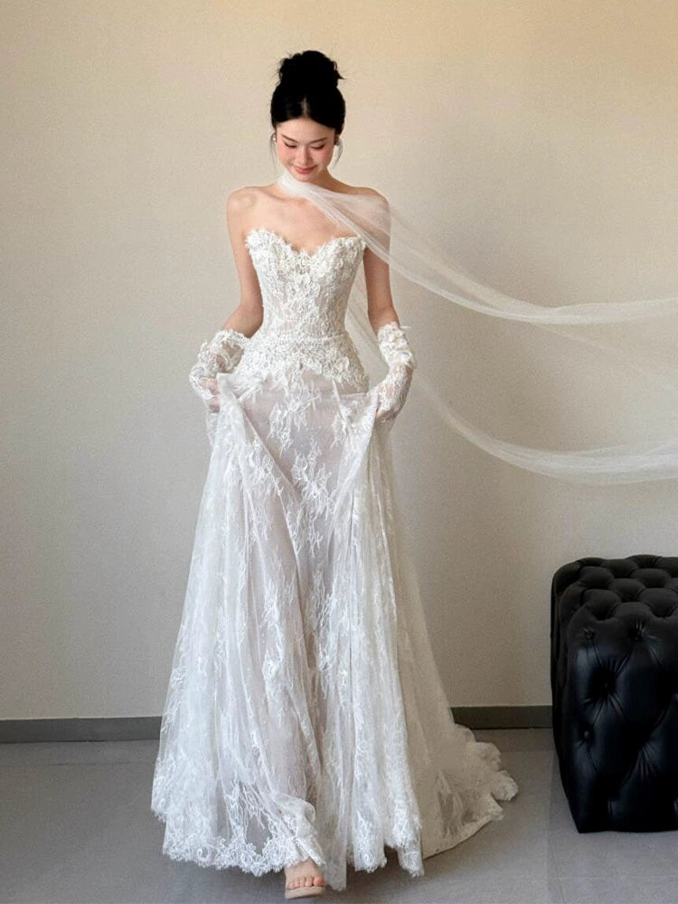 Sexy Lace Strapless Long Wedding Dresses Bridal Gown      S7206