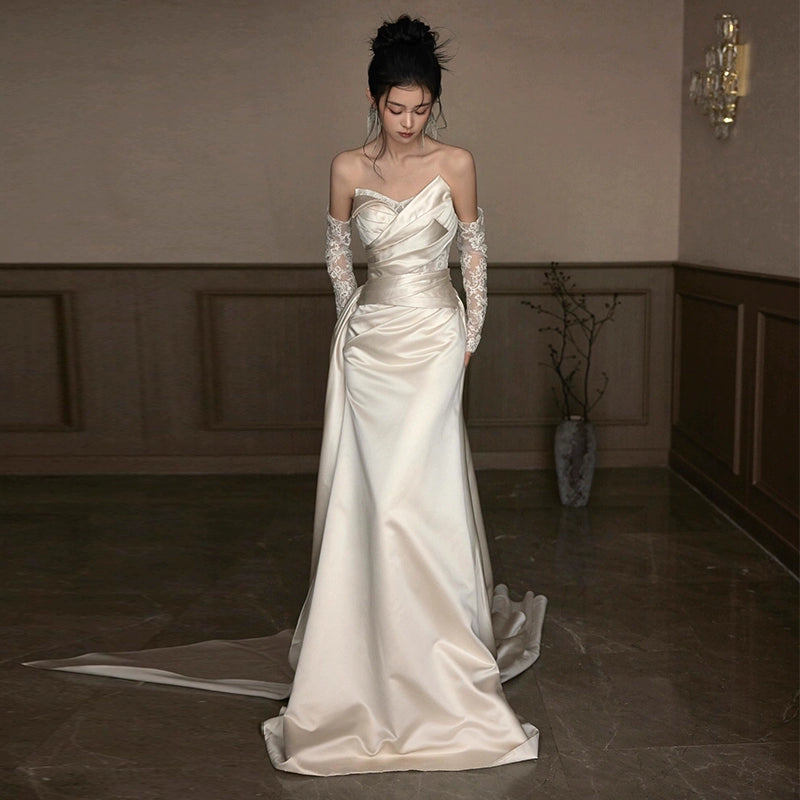 Sexy Lace Strapless Wedding Dresses Long Bridal Gown      S7207